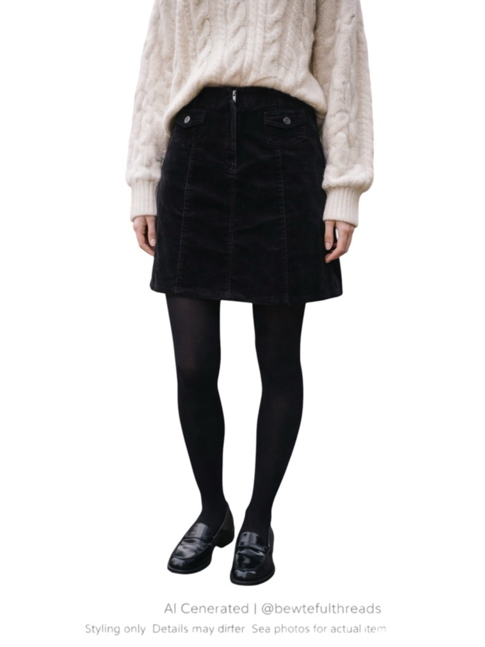 Black Corduroy Mini Skirt Preppy Fall Academia Button Pocket 6